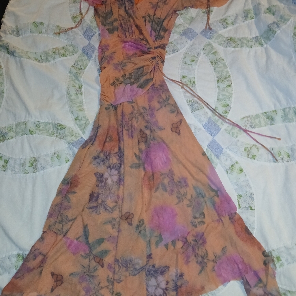 Maeve Asymmetrical Orange and Purple Sundress with Ruched Tie Front